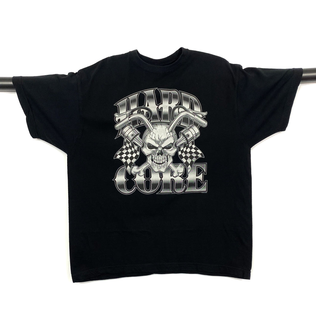 HARDCORE Biker Gothic Racing Flag Skull Graphic T-Shirt