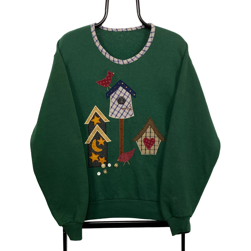 Vintage 90’s Grandma Embroidered Birdhouse Check Crewneck Sweatshirt