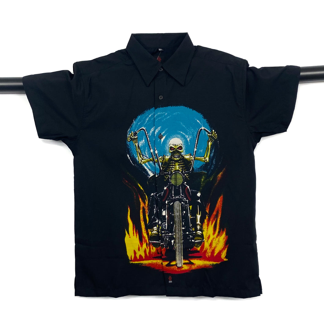 FRIED WATER Flaming Biker Skull Graphic Polyester Cotton Shirt