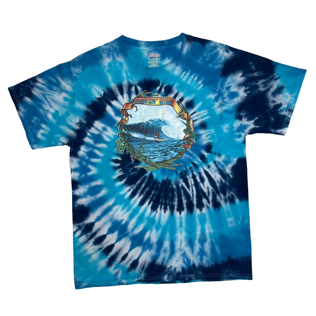 Hanes “SURFIN’ USA” Surfer Spellout Graphic Spiral Tie Dye T-Shirt