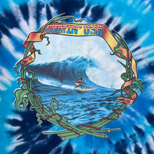 Load image into Gallery viewer, Hanes “SURFIN’ USA” Surfer Spellout Graphic Spiral Tie Dye T-Shirt
