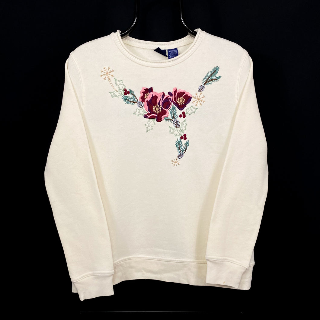 BASIC EDITIONS Embroidered Floral Flower Crewneck Sweatshirt