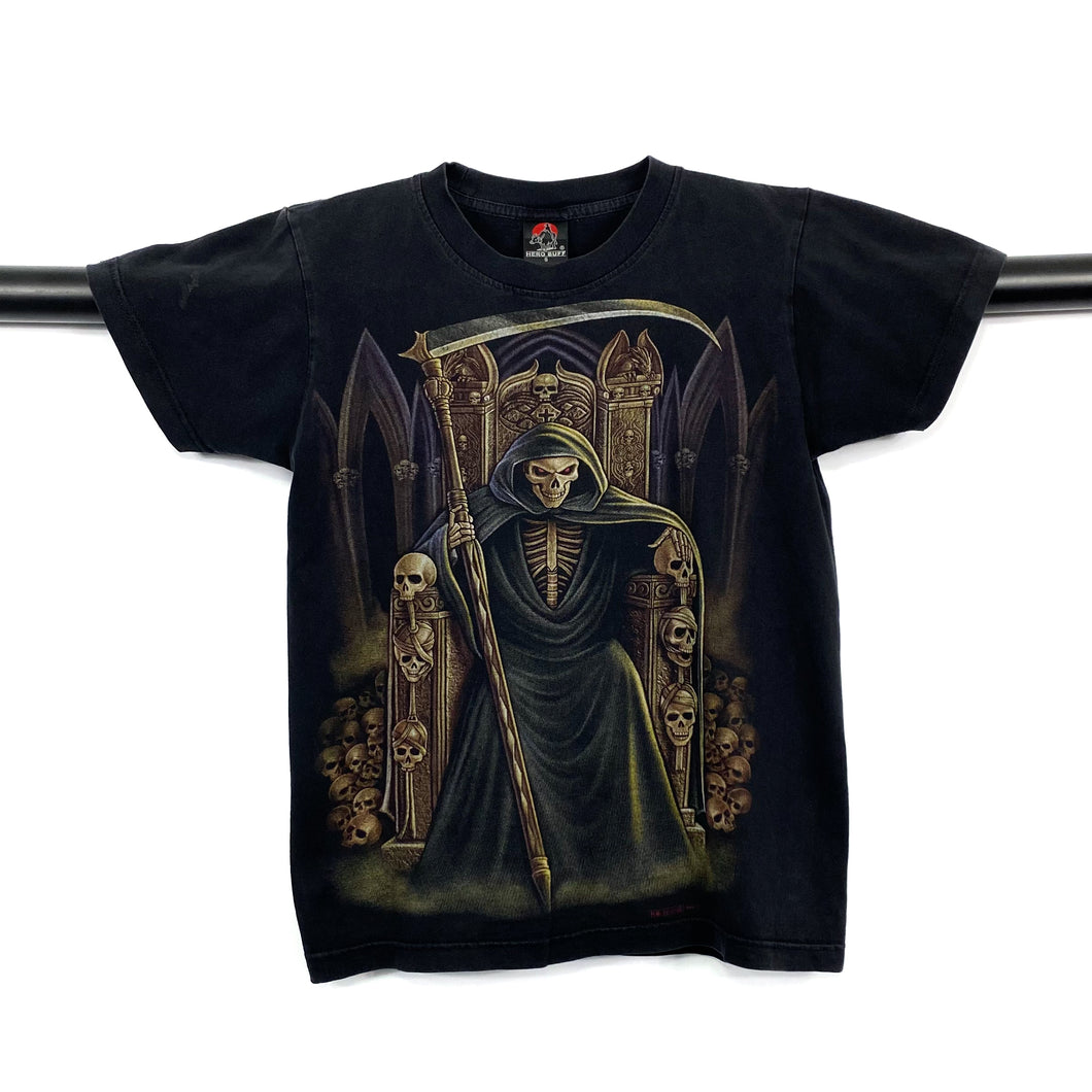 HERO BUFF Gothic Horror Grim Reaper Throne Skeleton Graphic T-Shirt