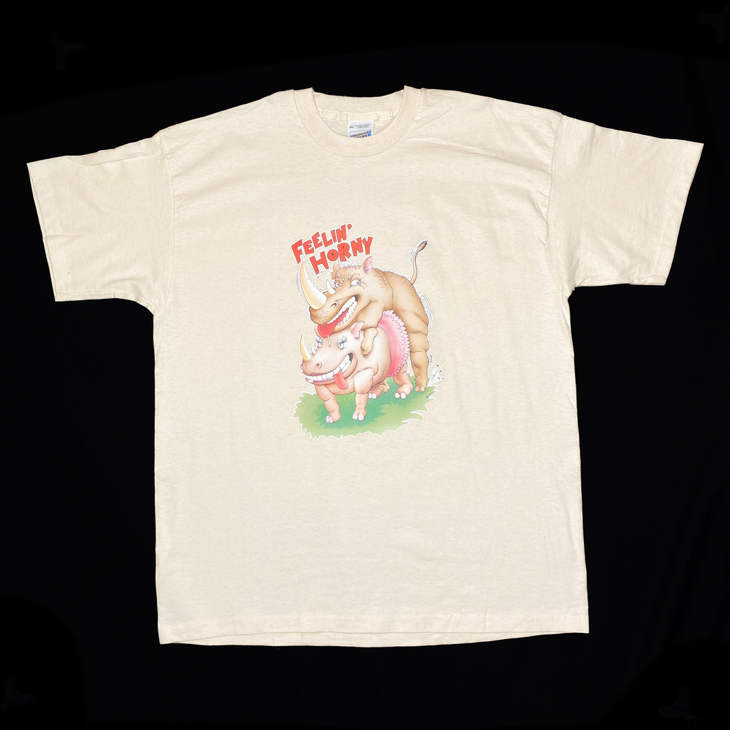 Screen Stars FEELIN’ HORNY Cartoon Rhino Novelty Spellout Graphic T-Shirt
