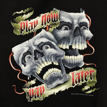 Load image into Gallery viewer, Joligolf PLAY NOW PAY LATER Gothic Skull Spellout Graphic T-Shirt
