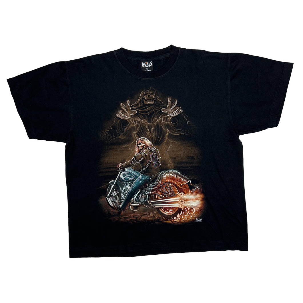 WILD Gothic Biker Grim Reaper Lightning Graphic T-Shirt