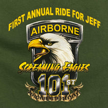 Load image into Gallery viewer, AIRBORNE Screaming Eagles “Ride For Jeff” Biker Souvenir Graphic Spellout T-Shirt
