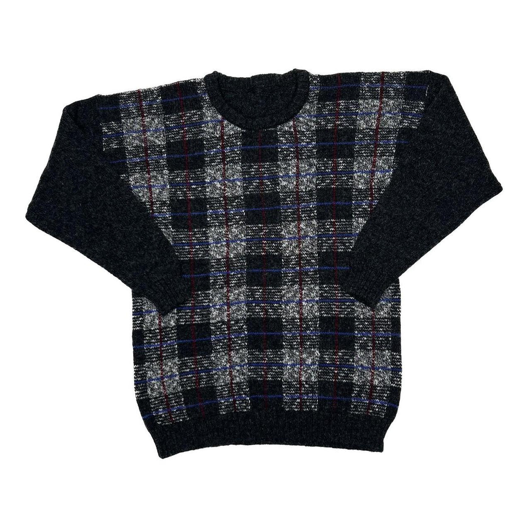 Vintage 80’s Grandad Checked Crewneck Wool Knit Sweater Jumper