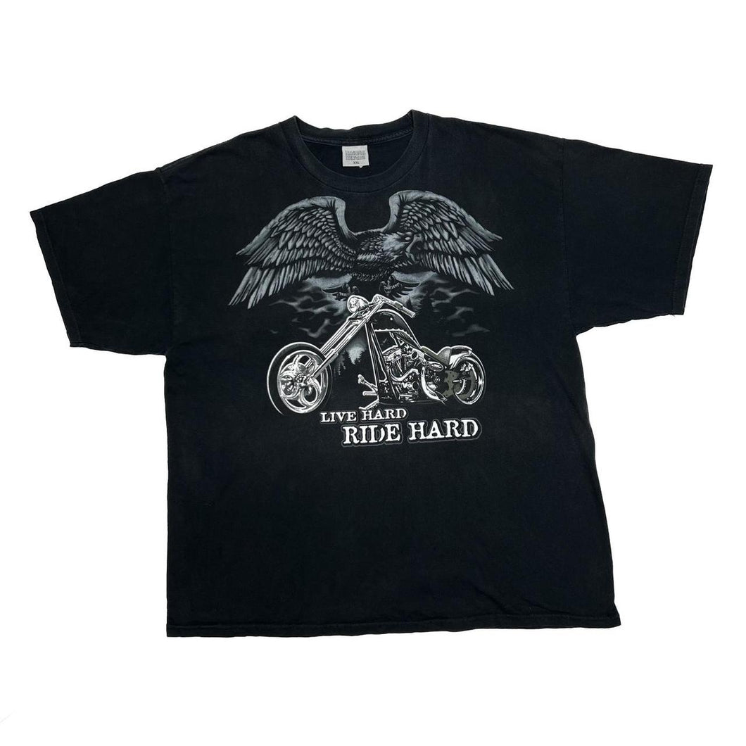Early 00’s National Heritage LIVE HARD RIDE HARD Gothic Biker Spellout Graphic T-Shirt