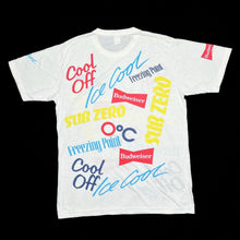 Load image into Gallery viewer, Vintage 90’s BUDWEISER “Ice Cool” Drinks Promo All-Over Print Spellout Graphic T-Shirt
